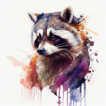 Raccoon Watercolour Racoon Furry Dense Fur Burglar Facial Mask Brown Orange Purple Green Generative AI Tools Technology illustration