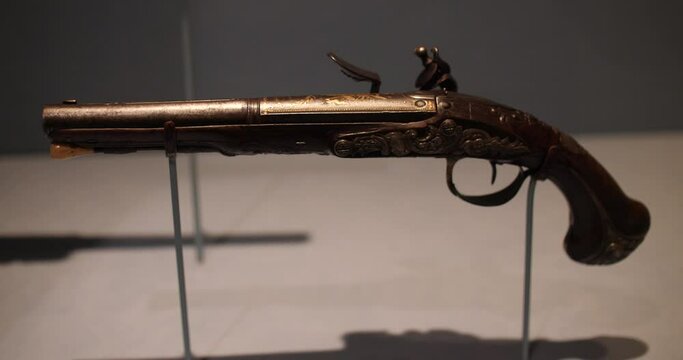 Black powder handgun from the 17th century on display close up