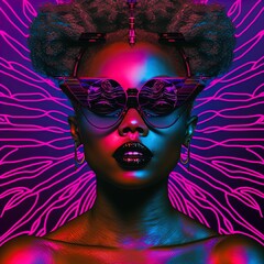 Stylish retrowave portrait of a beautiful black woman. 
