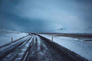 Iceland cloudy blue sky winter panorama road landscape