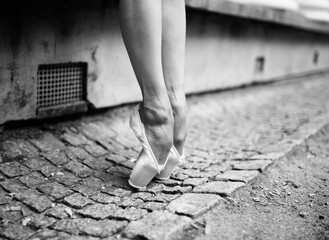 leg of ballerina in point in black and white