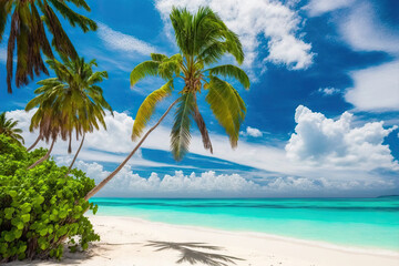 Fototapeta na wymiar Beautiful beach with white sand, a turquoise sea, palm trees that are green, and a cloudy blue sky on a sunny day. Panorama of a tropical scene in the summer. Generative AI