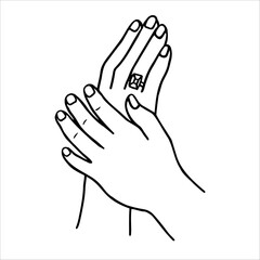 doodle drawing of female hands with a diamond ring on the ring finger. vector sketch of the hands of the bride after the engagement