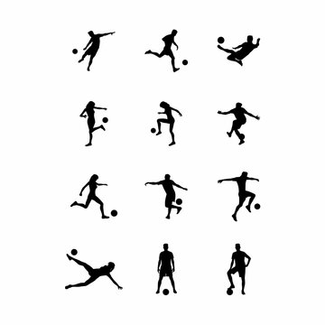 Set of football soccer man and woman  silhouettes isolated on white background