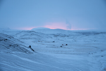 Iceland, Vulcano Hverfjall, winter sunset panorama
