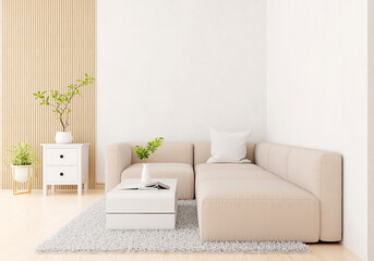 Brown sofa in white living room with copy space, 3D rendering
