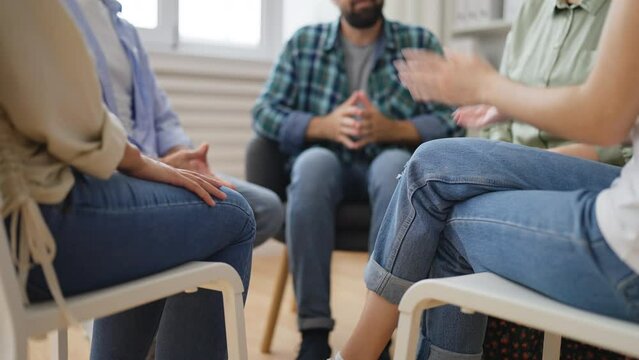 Diverse people visiting support group, battling alcohol and drug addiction