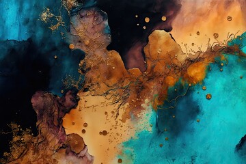 orange and blue alcohol ink with crackling and gold splatters, generative ai composite