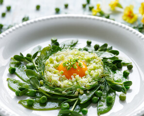 Spring salad with fried egg, green vegetables and fresh herbs on a white plate, close up view. Vegetarian breakfast salad