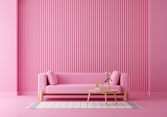 Pink sofa in pink living room with copy space for mock up, 3D rendering