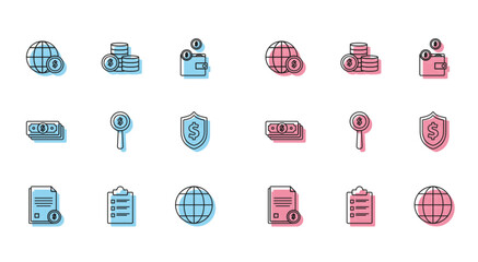 Set line Finance document, Clipboard with checklist, Earth globe dollar symbol, Magnifying glass and, Shield, Stacks paper money cash and Coin icon. Vector