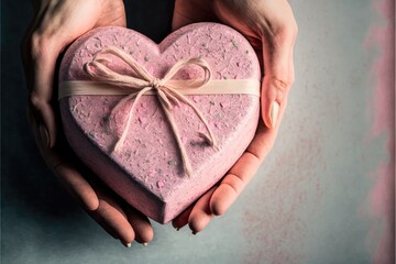 female hands holding a gift in a pink heart presents for valentine's day generative ai background with gift boxes on concrete board.