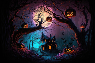 Dark setting for Halloween. Scenery with neon pumpkins, dramatic dry branches, silhouetted trees, and a spooky night. Generative AI