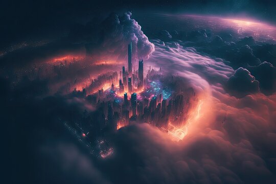 dense layer of clouds surrounding a lit up city, generative ai composite
