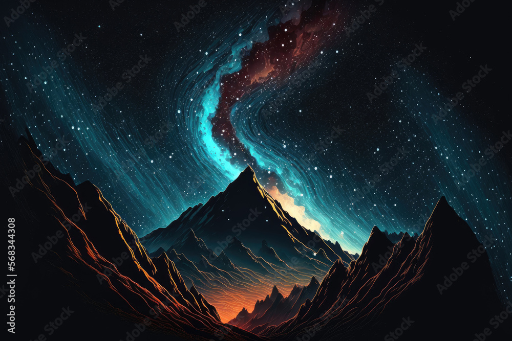 Wall mural Long exposure, dim lighting, milky way galaxy background, mountain at night. Generative AI