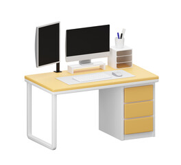 wood desk with computer, moniter, computer. 3D rendering.