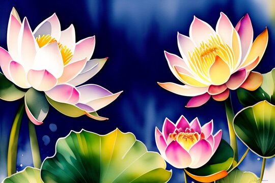 lotus flower in the pond generative AI watercolor painting