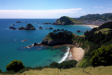 Obraz premium A view of Orio Beach seen from above on a June trip from San Sebastian. Generative AI