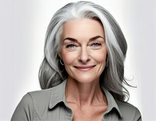 portrait of a beautiful smiling woman with long grey hair