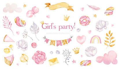Watercolor elements for baby shower. It's a girl! kids, and girls design cartoon elements. Set of baby pink birthday cheesecake, cake, donut, & marshmallows illustration. Newborn party invitation © Re_margarita_art