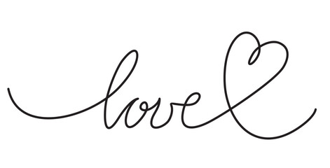 Love. Hand lettering inscription positive quote, calligraphy. Heart. Abstract love symbol. Continuous line art drawing vector illustration.