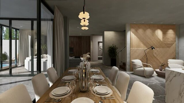 Interior desigin Dining room and kitchen interior in luxury modern home. 3D animation.
