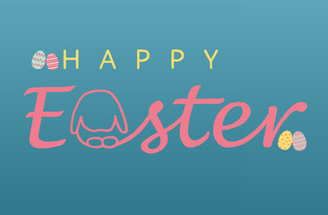Happy Easter in handwriting with an outline of rabbit as a alphabet and cute little Easter eggs in blue background.