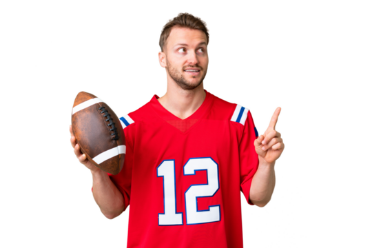 Young caucasian man playing rugby over isolated chroma key background pointing up a great idea