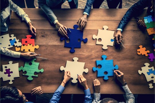 Business people with jigsaw puzzle pieces in the office generative ai Successful teamwork and partnership concept