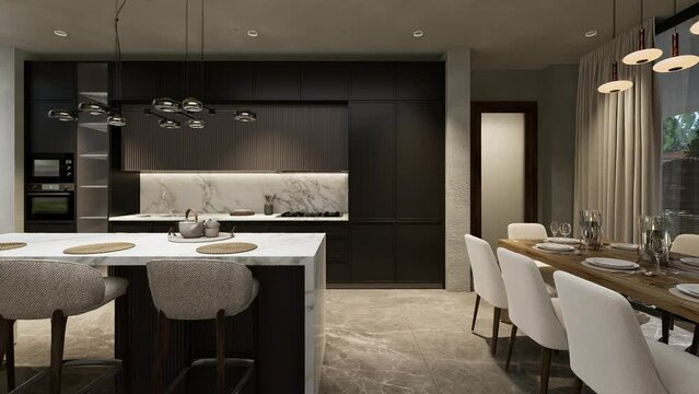 Dining room kitchen interior in luxury modern home. 3D animation.
