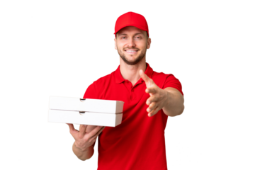 Pizza delivery man with work uniform picking up pizza boxes over isolated chroma key background shaking hands for closing a good deal