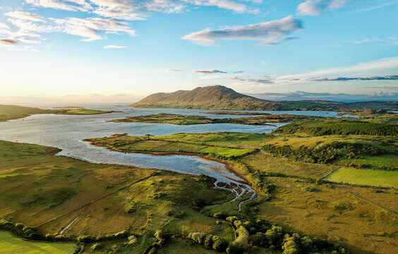 Connemara landscape, County Galway, Ireland. Northwest over Barnaderg Bay near Letterfrack to Tully Mountain. Summer evening