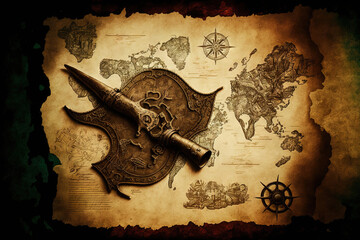 Map from the distant past, pirate pistols, and a ship's helm. History, pirates, corsairs, travel, geography, discoveries, and maritime journeys context. effect of overlay over worn out paper texture