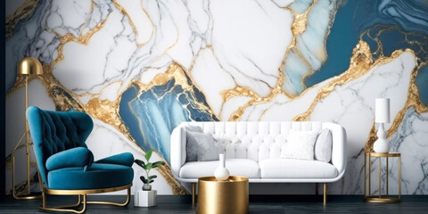 Wallpaper marble blue, white and gold diluted, generative ai 