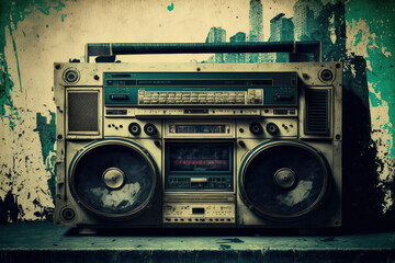 design that is from the past Background of front concrete wall with ghetto blaster boombox stereo radio cassette tape recorders tower from the 1980s. filtered picture with a retro feel. Generative AI