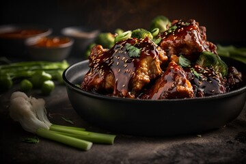 Bowl of general tso's chicken, chinese food with broccoli, sweet asian sauce, closeup