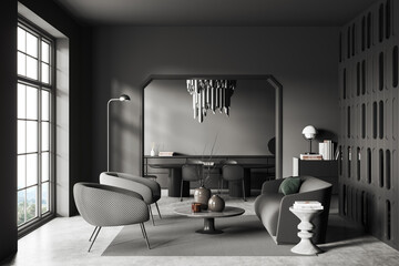 Grey living room interior with chill and eating area on background