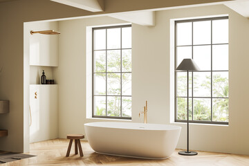 Fototapeta na wymiar Stylish bathroom interior with tub and douche, panoramic window