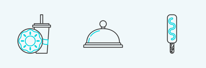Set line Ice cream, Paper glass with drinking straw and donut and Covered tray of food icon. Vector