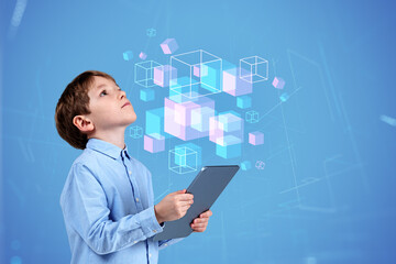 Kid boy working with tablet, data blocks floating in metaverse