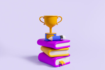 Stack of books and champion cup on purple background