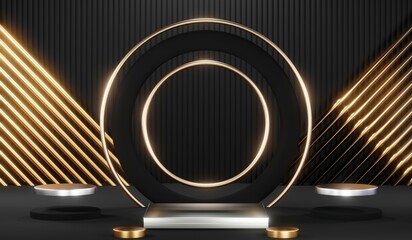 Stylish and contemporary 3D render black podium background perfect for any professional presentation, keynote or event. Its modern and sleek design adds sophistication to your product demo or show