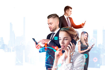 Business people with phone portraits, glowing earth sphere and connection