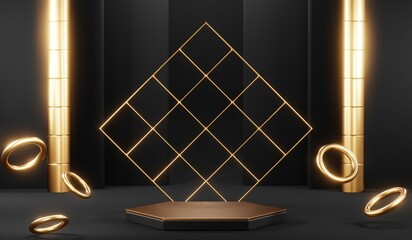 Stylish and contemporary 3D render black podium background perfect for any professional presentation, keynote or event. Its modern and sleek design adds sophistication to your product demo or show