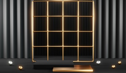 Stylish and contemporary 3D render black podium background perfect for any professional presentation, keynote or event. Its modern and sleek design adds sophistication to your product demo or show