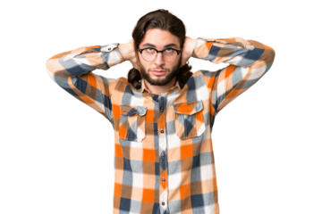Young handsome man over isolated chroma key background frustrated and covering ears