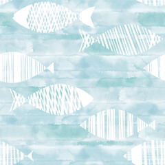 Seamless pattern with cartoon fishes on blue watercolor background.  Hand drawn vector illustration. Perfect for wallpaper, wrapping, fabric and textile. Monochrome.