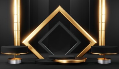 Stylish and contemporary 3D render black podium background perfect for any professional presentation, keynote or event. Its modern and sleek design adds sophistication to your product demo or show