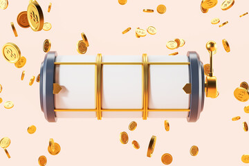 Empty casino machine with mockup slots and falling dollar coins