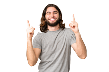 Young handsome man over isolated chroma key background pointing up a great idea